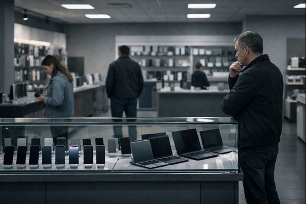 Покупатели рассматривают смартфоны и ноутбуки в магазине электроники на фоне снижения спроса на гаджеты в России
