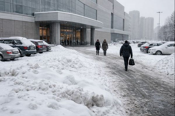 Заснеженный вход в торговый центр в Москве — снижение трафика ТЦ и влияние снегопадов на ритейл и логистику