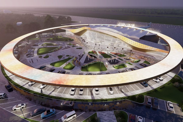 Проект современного пассажирского терминала регионального аэропорта с круговой архитектурой, иллюстрирующий развитие авиационной инфраструктуры и транспортной доступности регионов