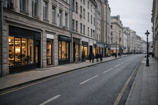 Занятые помещения стрит-ритейла на центральной улице Москвы с работающими кафе и магазинами на фоне снижения доли вакантных площадей