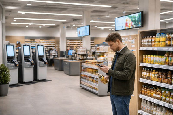 Покупатель в современном торговом зале с кассами самообслуживания и цифровыми технологиями ритейла