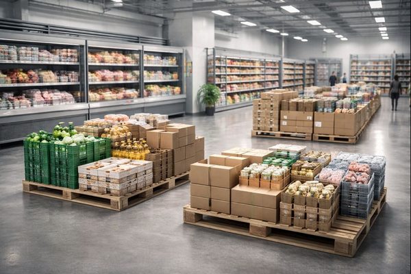 Продовольственный распределительный центр с паллетами продуктов: точечная инфляция и влияние роста цен на логистику и запасы в России в 2026 году