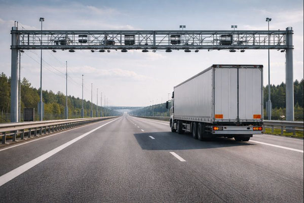 Грузовик на платной автомагистрали с рамкой взимания платы — рост тарифов на платных дорогах и влияние на экономику автологистики