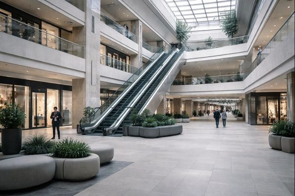 Интерьер современного торгового центра с просторным атриумом и эскалаторами на фоне роста ввода торговых площадей в России