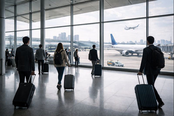 Пассажиры в международном аэропорту Азии на фоне самолётов — рост туристического спроса россиян на азиатские направления