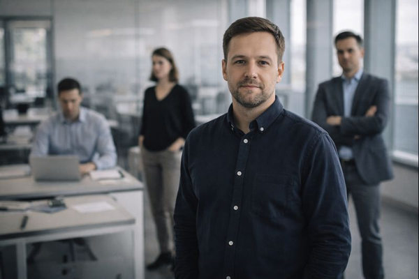 Сотрудник в офисе на переднем плане и команда на заднем фоне как визуальная метафора избирательного подхода к удержанию персонала и фокуса на ключевых специалистах