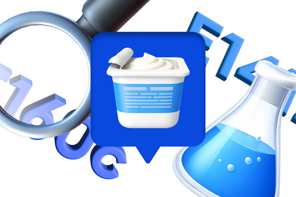 Иллюстрация контроля состава продуктов питания: пищевая упаковка, лабораторная колба и символы анализа, отражающие прозрачный подход «ВкусВилла» к пищевым добавкам