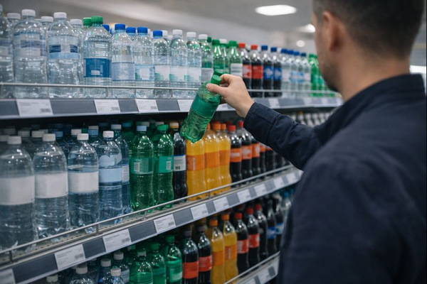 Покупатель выбирает бутылку воды на полке супермаркета — рост доступности напитков для потребителей