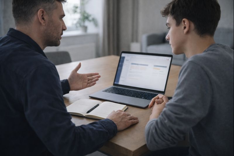 Родитель и подросток обсуждают выбор будущей профессии за ноутбуком