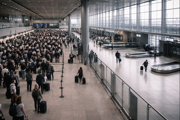 Аэропортовый терминал с плотным потоком вылетающих пассажиров и менее загруженной зоной прилёта, отражающий дисбаланс выездного и въездного туризма