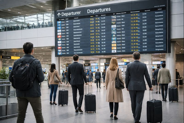 Пассажиры в аэропорту у табло вылетов: рост международных рейсов и влияние на стоимость туров