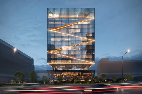 Современный бизнес-центр класса А+ «Цетлин» в деловом кластере «Большой Сити» в Москве, вечерний архитектурный вид