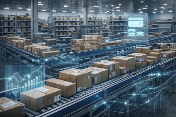 Фулфилмент-центр с заказами на конвейере и цифровыми финансовыми потоками как иллюстрация влияния BNPL на логистику e-commerce