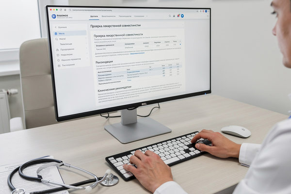 Врач работает за компьютером с системой проверки лекарственной совместимости на базе ИИ в клинике «Будь Здоров»
