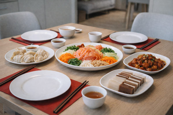 Домашний стол с блюдами к Китайскому Новому году — ю-шен, цзяоцзы, свинина в кисло-сладком соусе и десерт няньгао