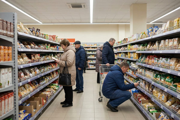 Покупатели в российском супермаркете выбирают товары повседневного спроса, сравнивая цены и ассортимент на фоне снижения потребительской уверенности