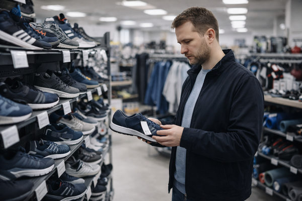 Покупатель выбирает спортивную обувь в магазине спорттоваров, отражая рост осознанного спроса на спорт и здоровье в России в 2026 году
