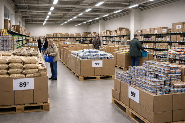 Интерьер продуктового дискаунтера с палетной выкладкой товаров и покупателями в торговом зале