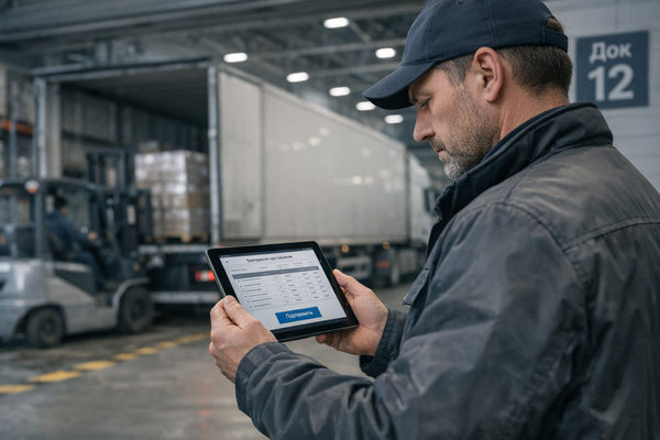 Водитель грузовика подтверждает электронную транспортную накладную на планшете на рампе распределительного центра