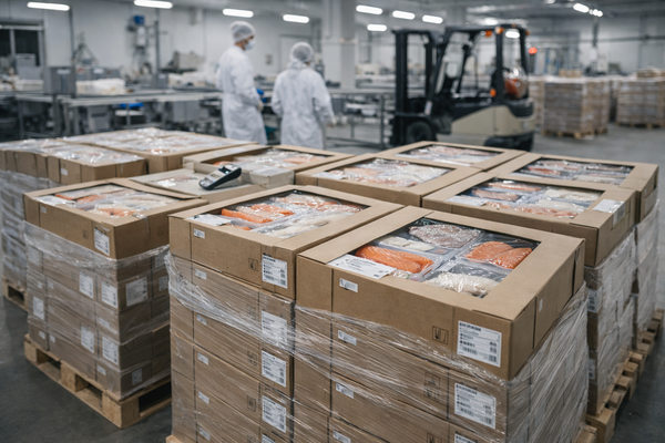 Упакованная рыбная продукция на паллетах в цехе переработки — экспорт рыбы и влияние логистических затрат на себестоимость