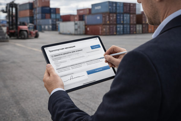 Менеджер логистической компании подписывает электронную транспортную накладную на планшете на фоне контейнерного терминала