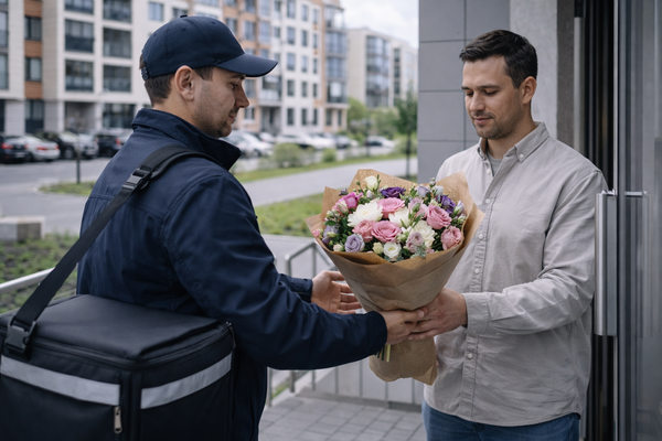 Курьер доставляет букет цветов клиенту у жилого дома — иллюстрация роста онлайн-продаж и последней мили на цветочном рынке России