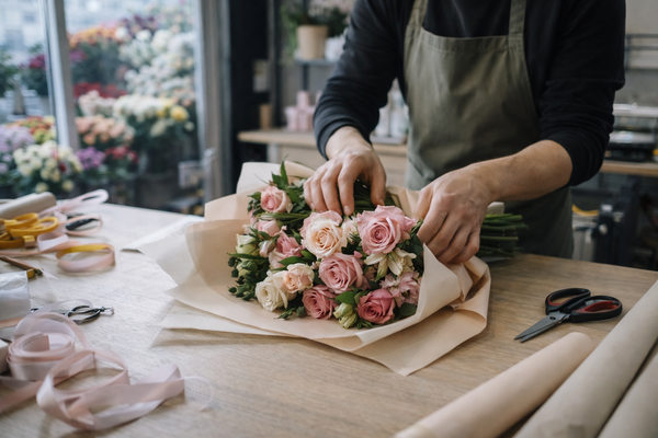 Флорист собирает букет в цветочном магазине перед передачей заказа в экспресс-доставку