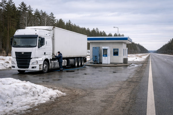 магистральный грузовик на газомоторном топливе заправляется на АГНКС на трассе, влияние инфраструктуры на логистику