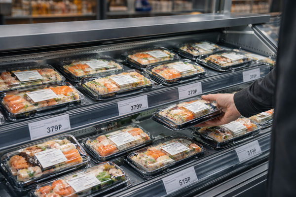 готовые суши и роллы в холодной витрине супермаркета, покупатель выбирает сет в рознице, рост сегмента готовой еды