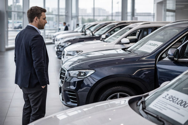 Покупатель выбирает новый кроссовер в автосалоне, сравнивая цены и комплектации в 2026 году