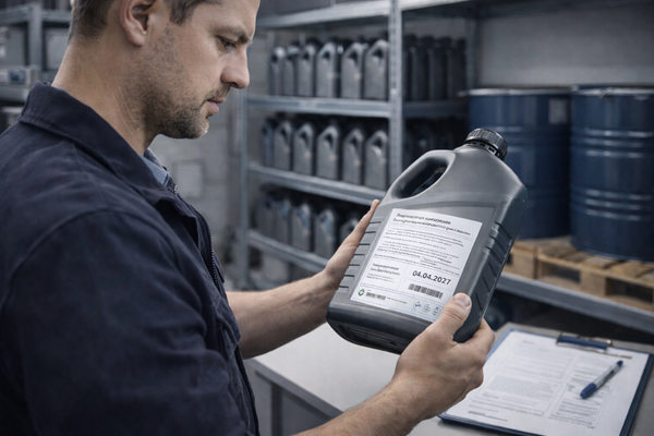 сотрудник автосервиса проверяет дату производства и состояние канистры моторного масла на складе