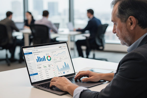 Руководитель анализирует бизнес-метрики на ноутбуке в офисе — влияние искусственного интеллекта на управление персоналом и эффективность компаний