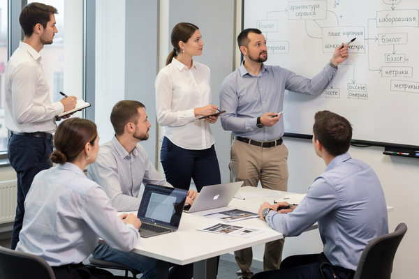 Команда ИТ-специалистов обсуждает рабочий проект у доски в офисе, отражая практику обучения сотрудников и совместного развития компетенций