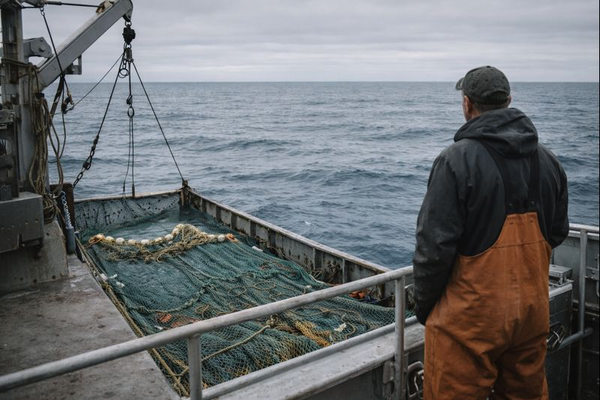 Рыболовное судно в море с минимальным уловом и пустыми сетями как фактор сокращения производства рыбных консервов в России