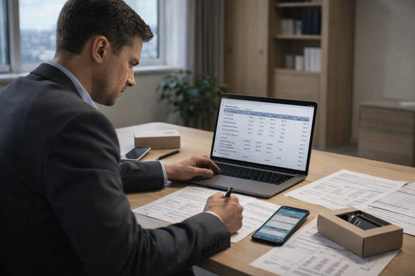 Предприниматель анализирует расчет стоимости легального импорта из Китая на ноутбуке и смартфоне в офисе