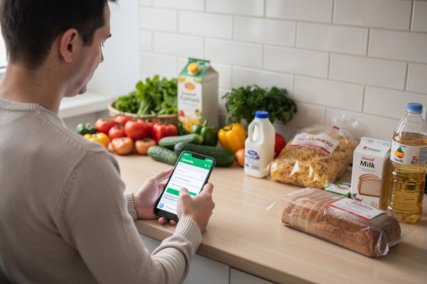 Покупатель оформляет заказ продуктов через мобильное приложение — персонализация и ИИ в e-grocery