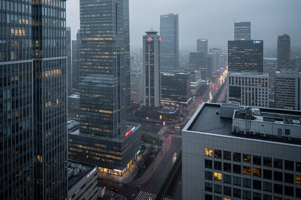 Деловой центр крупного города в пасмурную погоду как визуальная метафора экономических ожиданий и давления на курс рубля