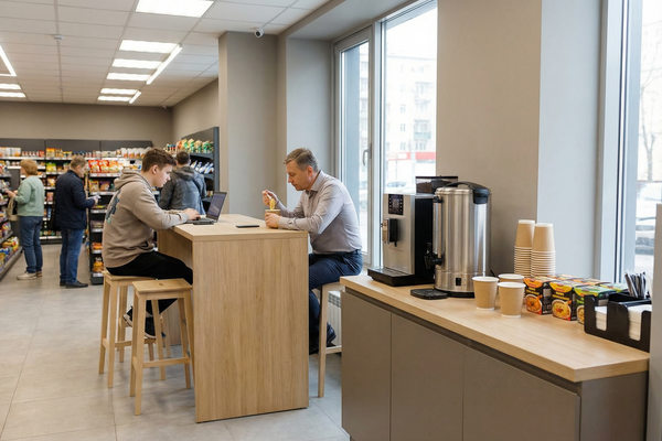 Зона самообслуживания с лапшой быстрого приготовления в продуктовом магазине формата «у дома»