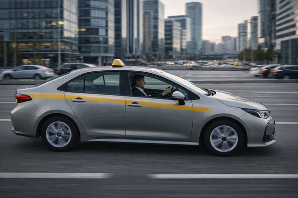 Автомобиль такси в движении по городскому проспекту в деловом районе российского мегаполиса