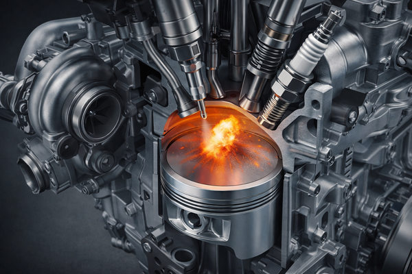 Разрез турбированного бензинового двигателя с прямым впрыском — визуализация эффекта LSPI в камере сгорания