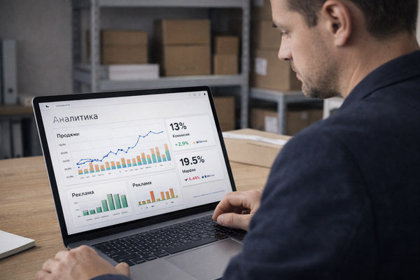 Предприниматель анализирует продажи, комиссии и маржинальность на ноутбуке — иллюстрация к статье о росте комиссий маркетплейсов и переходе брендов к D2C-модели