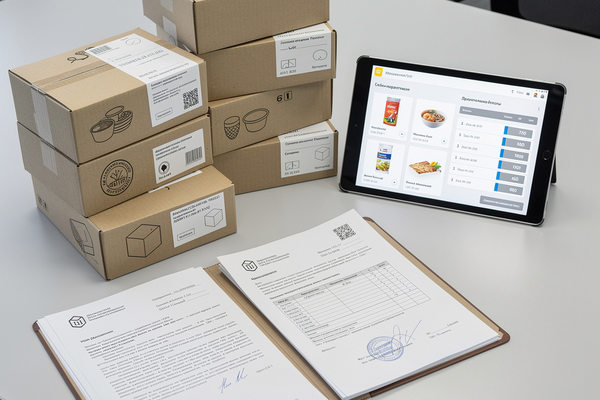 Документы, коробки с продуктами и интерфейс онлайн-платформы как символ регулирования продаж продовольствия через маркетплейсы
