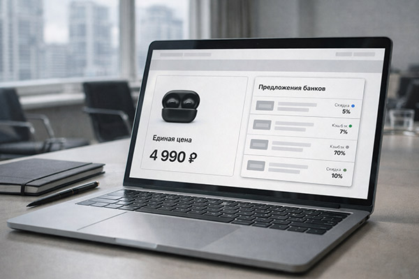 Интерфейс маркетплейса с единой ценой товара и предложениями банков по скидкам в рамках открытой модели участия