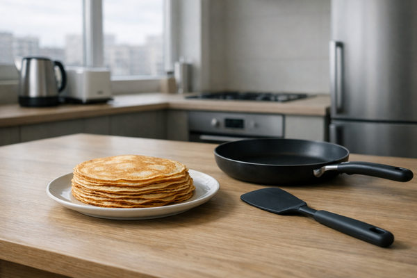 Тонкие блины на тарелке и сковорода на кухонном столе — Масленица как повседневная традиция и сезонный потребительский спрос