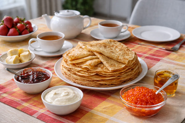 Блины с икрой, сметаной и вареньем на праздничном столе к Масленице