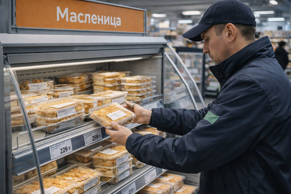 Покупатель выбирает упаковку готовых блинов в холодильной витрине с табличкой «Масленица» — иллюстрация сезонного спроса в ритейле