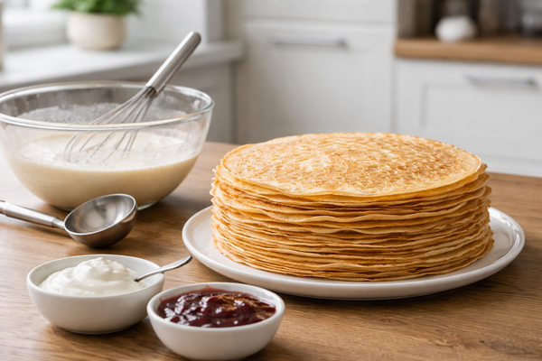 Стопка тонких блинов на молоке с миской теста и начинками на кухонном столе