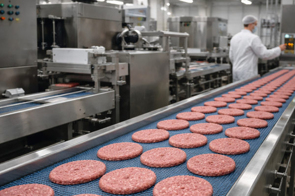 Автоматизированная линия по производству котлет для бургеров на мясоперерабатывающем заводе, иллюстрирующая рост экспорта готовой мясной продукции с высокой добавленной стоимостью