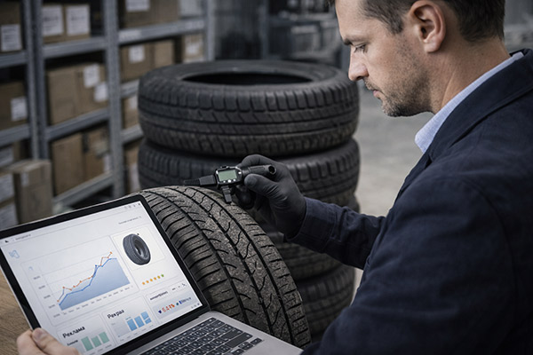 Проверка состояния б/у автомобильной шины перед продажей на маркетплейсе — измерение глубины протектора в складском помещении