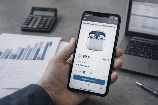 Смартфон с карточкой импортного товара на маркетплейсе и указанием НДС, рядом калькулятор и финансовый отчёт — иллюстрация влияния налога на цену